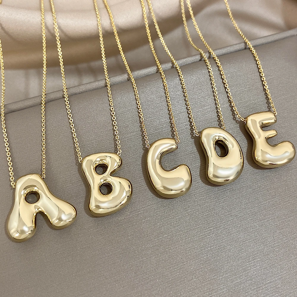 AENSOA Gold Plated Chunky Balloon Bubble Alphabet Initial Letter Pendant Choker Necklaces for Women Custom Personalized Jewelry