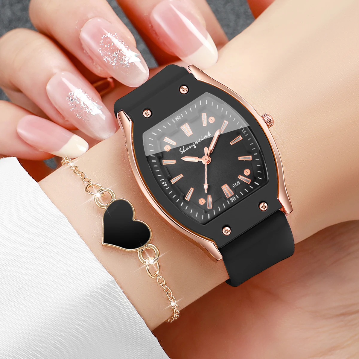 2PCS Fashion Silicone Strap Women Quartz Watch Heart Bracelet Set Simple Ladies Analog Wristwatches Reloj Mujer (Without Box)