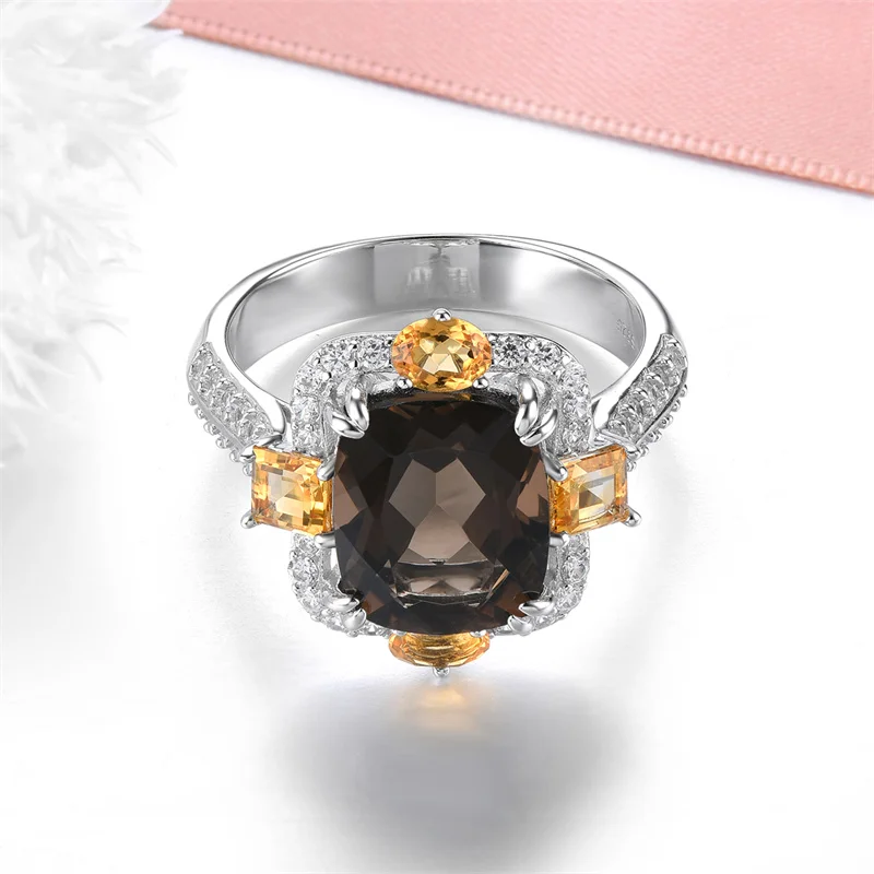 

Natural Smoky Quarts Sterling Silver Rings 4.8 Carats Genuine Citrine Multicolor Gemstone S925 Fine Jewelry Women Favorite Gifts