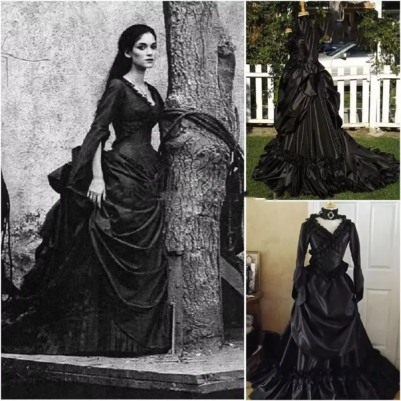 

Victorian Black Wedding Dress Long Sleeves Vintage Bustle Bridal Gowns Ruched Satin A Line V-Neck Gothic Vestido Customized