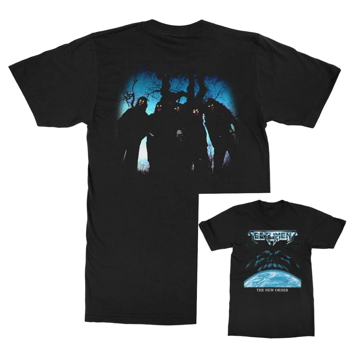 Testament The New Order Sci Fi Dark Metal Themed Print T Shirt, Stylized Tentacle Earth Drawing and Glowing Eye Band Portrait