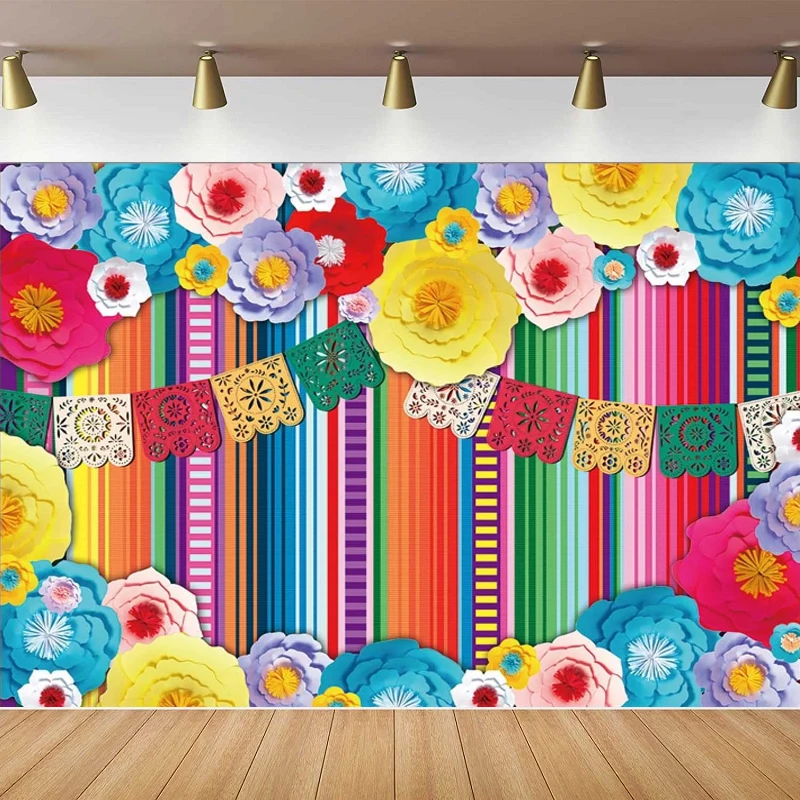 Mexico Fiesta Photography Backdrop Paper Flower Color Stripe Photo Background Cinco De Mayo Party Wedding Decoration Banner