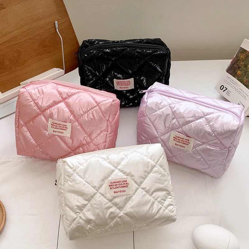 Cute Quilting Cotton Makeup Bag Women Zipper Cosmetic Organizer Female Cloth Handbag Box Shape Portable Toiletry Case For Girls