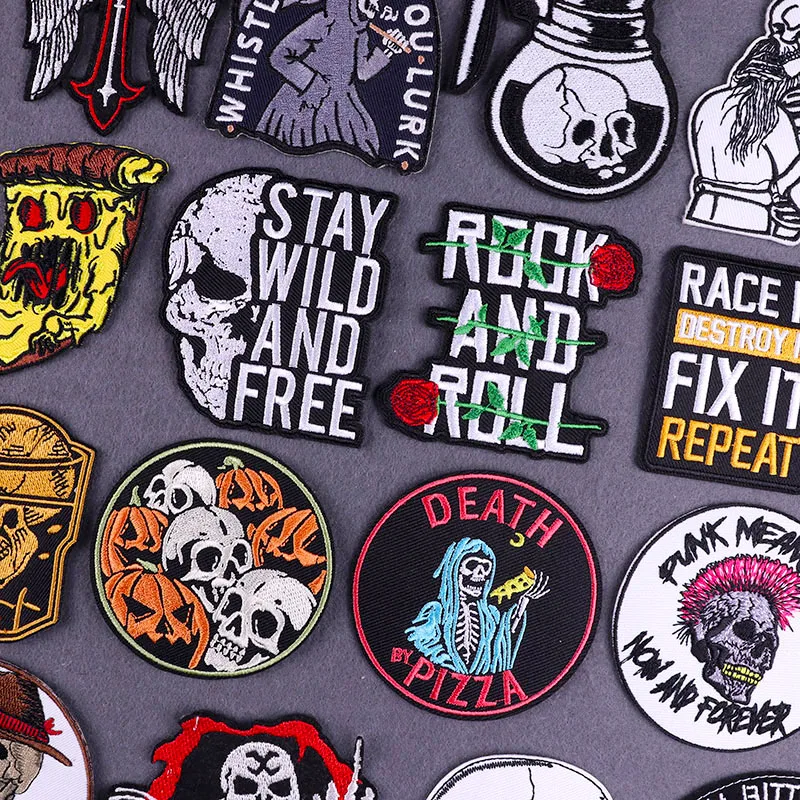 

Skull Letters Patch Iron On Patches On Clothes Punk Skeleton Embroidered Patches For Clothing Stickers Stripes Badges Sewing