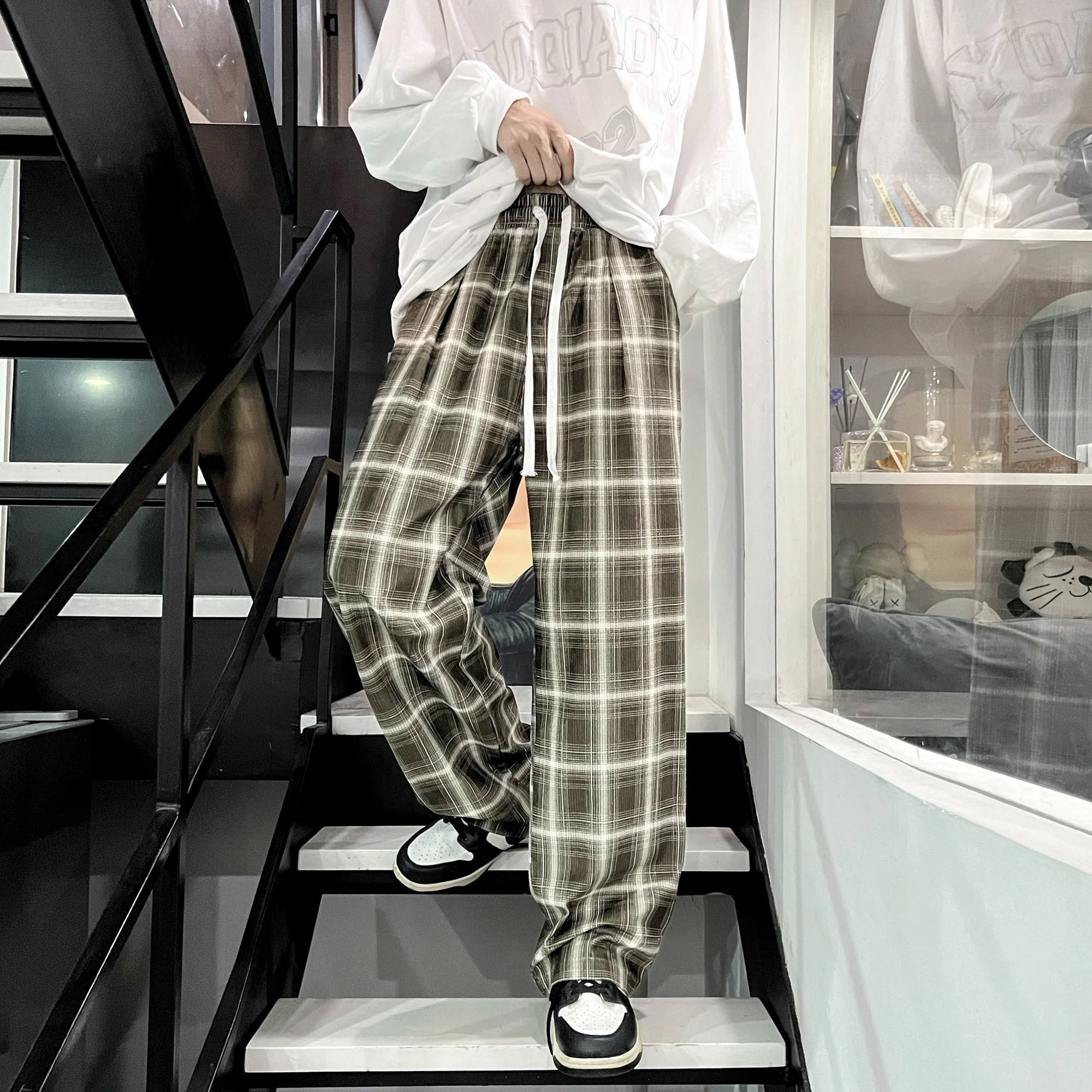 2024 Autumn New Corduroy Vintage Plaid Pants Men Streetwear Wide Leg Baggy Harajuku Fashion Casual Drawstring Trousers