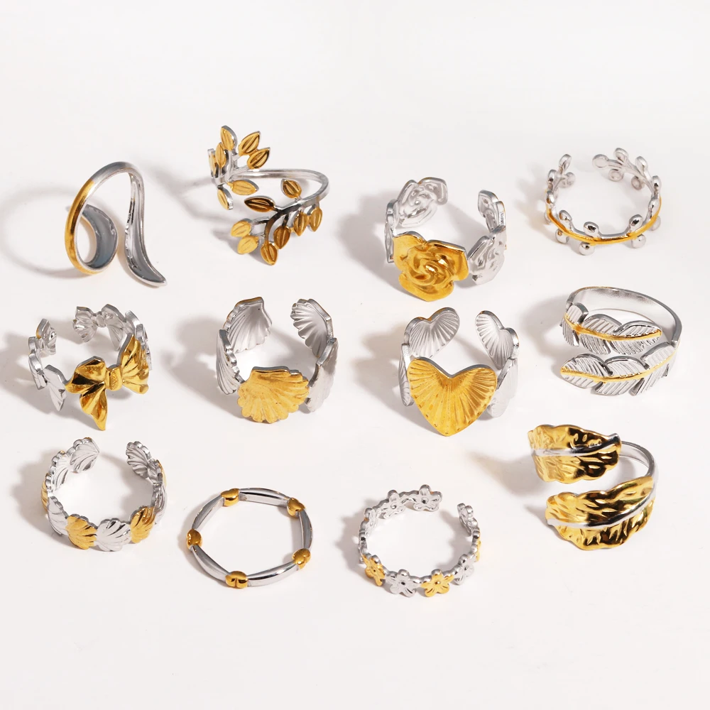 Trendy Two Tone Edelstahl Ring für Frauen Bohemian Shell Blatt Blume Schmetterling Herz Ring Party Schmuck Geschenk