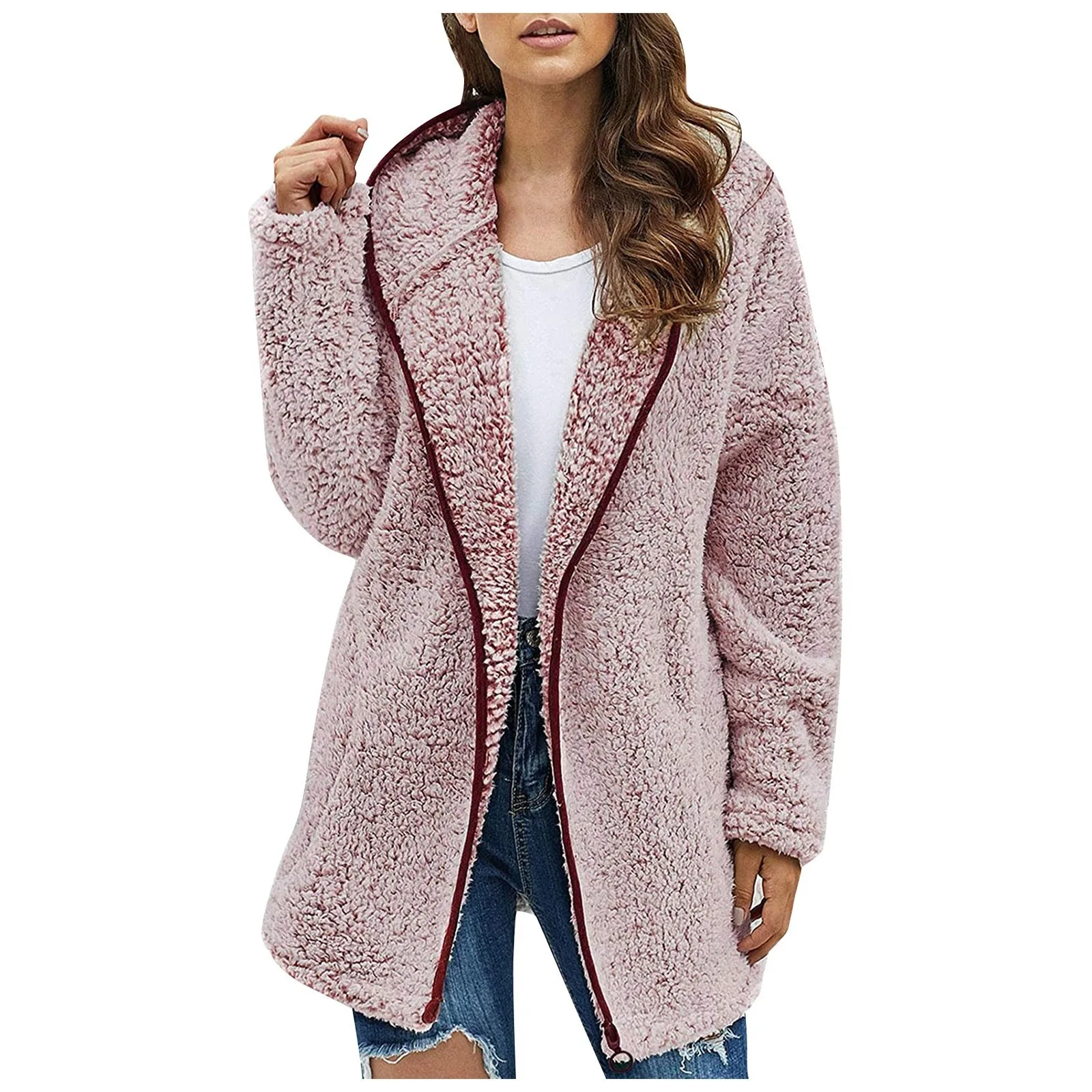 Autumn and winter new casual solid colour lapel hooded long-sleeved padded sweater fleece jacket jacket  female