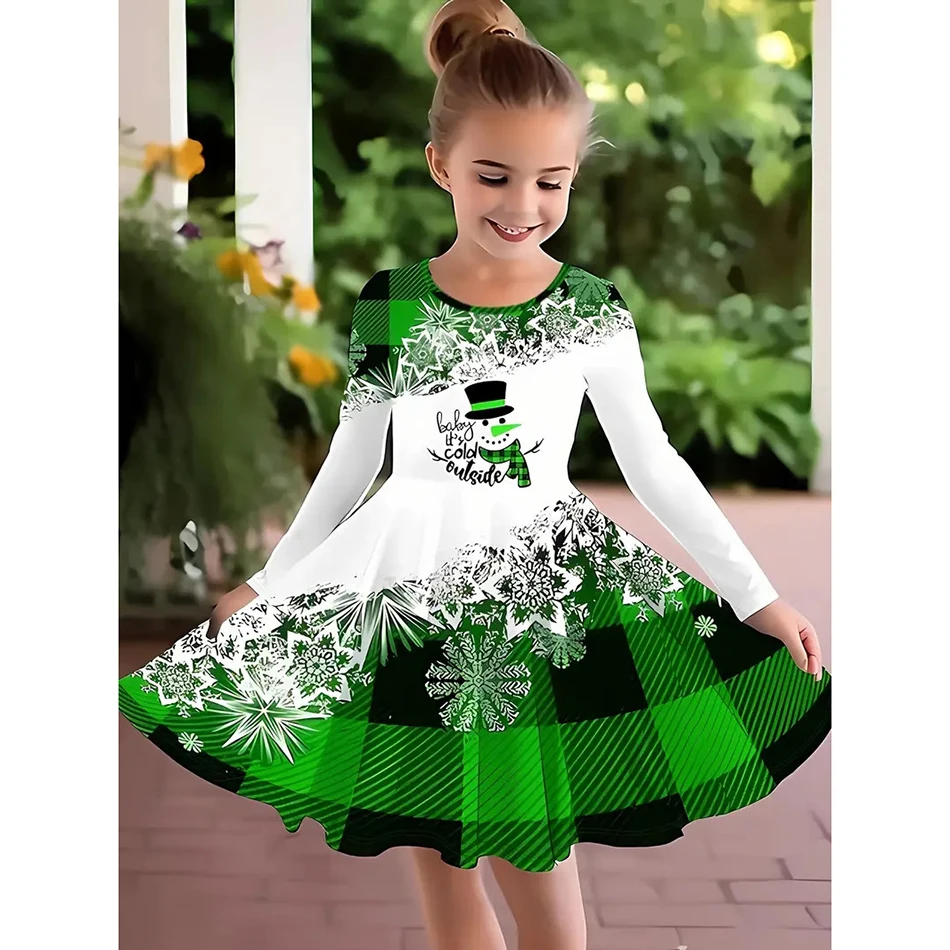 2025 Christmas Dress Kids Long Sleeve Full Printing Casual Elk Xmas Baby Girls Clothes Santa Claus New Year Party Outfit