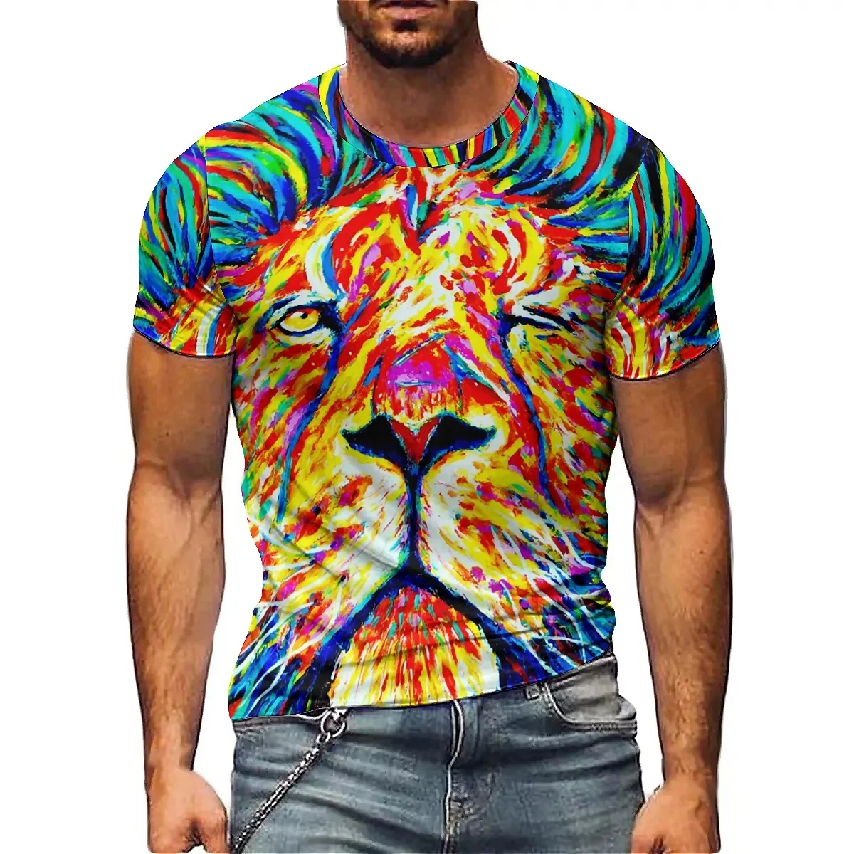 Summer Loose-fitting Colorblocked Ink-splashed Men's Animal Lion 3D Printed Short-sleeved T-shirt