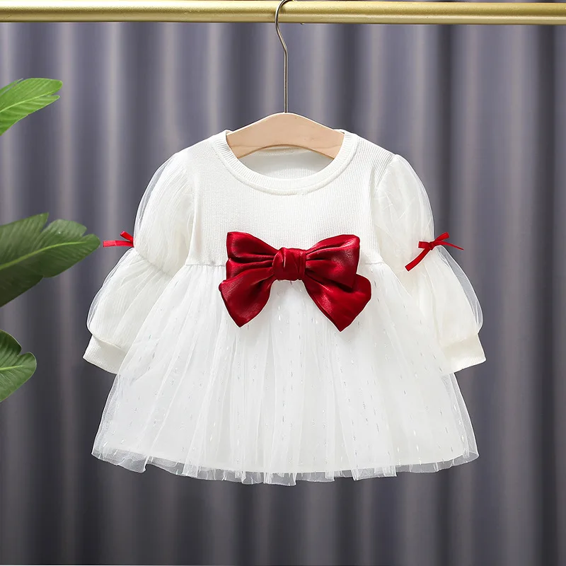 Spring and Autumn Princess Dress Girls Mesh Bowknot Long Sleeve Dress Cute Tutu Skirt Kids  Outfit