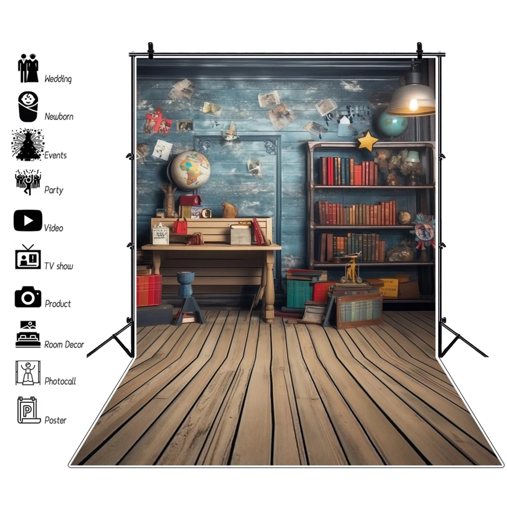 

Study Bookshelf Vertical Backdrop With Floor for Photography Kids Bookcase Decorations Door Banner Photographic Background Vinyl