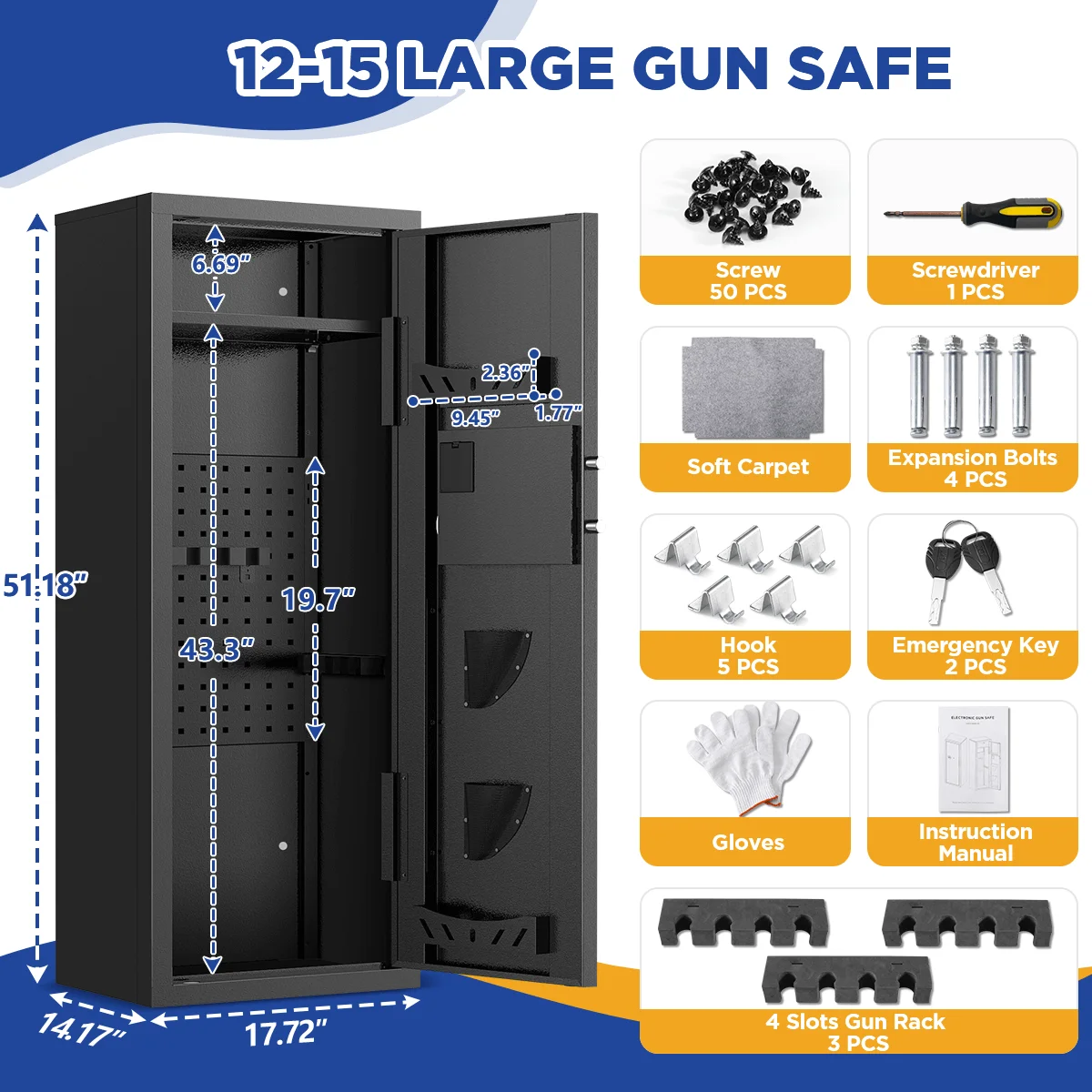 BESAFETY 12-15 Gun Cabinet, for Home Storage, Quick Access safe with Alarm System, Rifles & Pistols, Digital Keypad