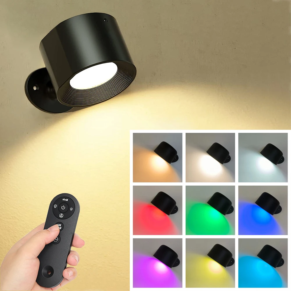 Magnetic LED Wall Light Rechargeable Reading Lights 360° Rotation Touch Remote Control Cabinet Spotlight Round Shape Night Lamp