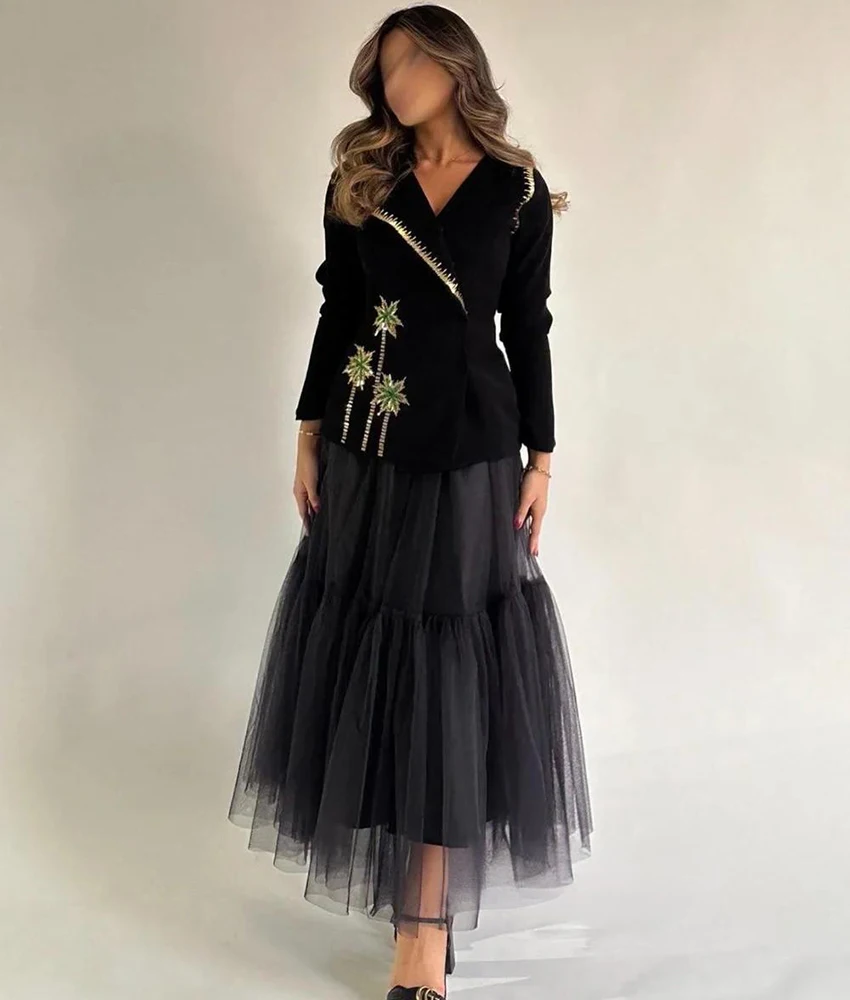 

Customized Modern Organza A-Line Sequined Crystal Evening Dress High Quality Long Sleeves V-Neck Ankle Length prom dresses