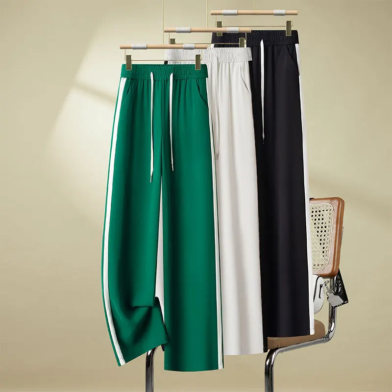 سراويل صيفية نسائية بخصر مطاطي ومتعددة الاستخدامات وشريط جانبي كاجوال مستقيم طويل