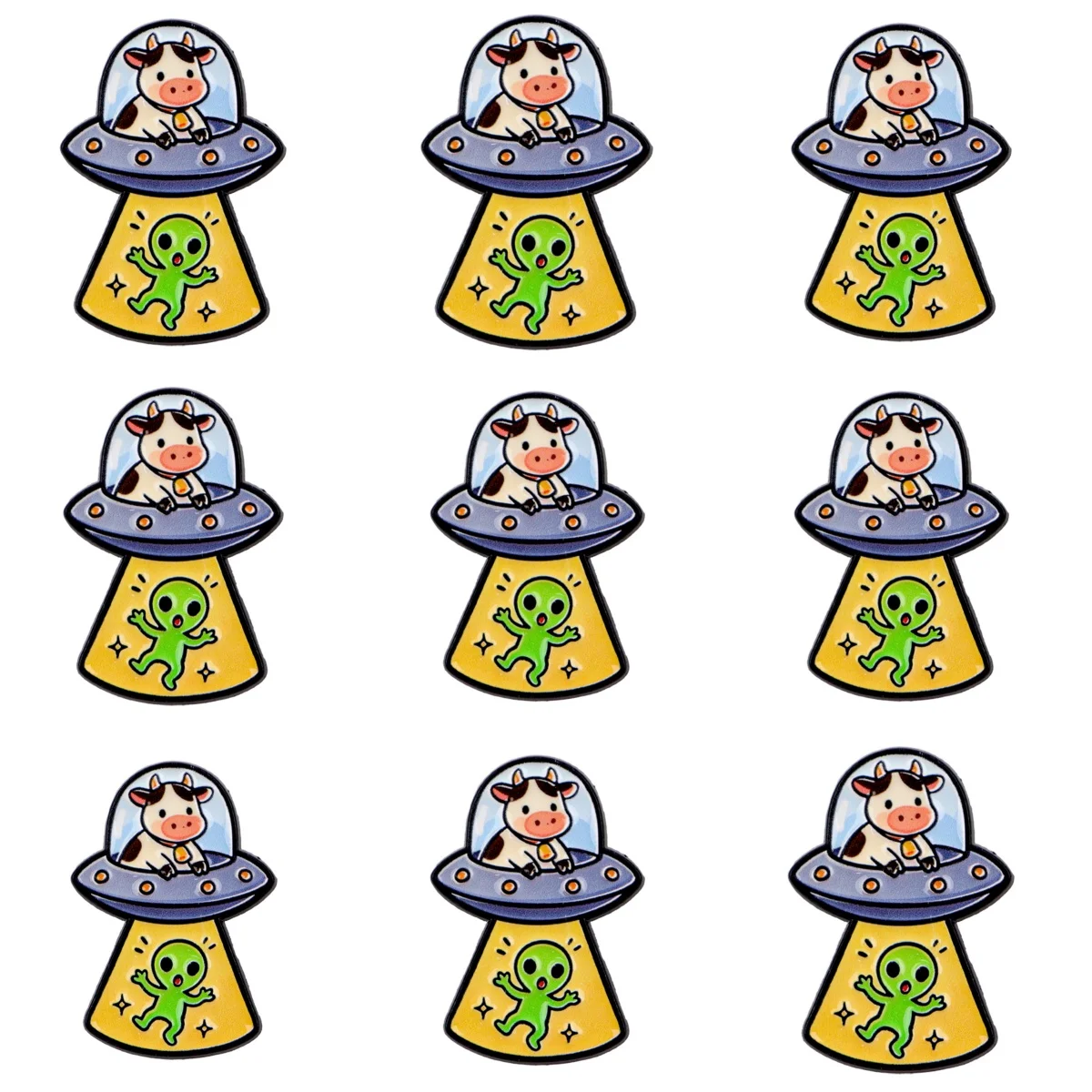 9 Stück Niedliche Kuh im UFO-Raumschiff Emaille-Pin Lustige Grüne Alien-Anstecknadel Cartoon-Tier-Abzeichen Weltraum-Thema Schmuckgeschenk – Detail 6
