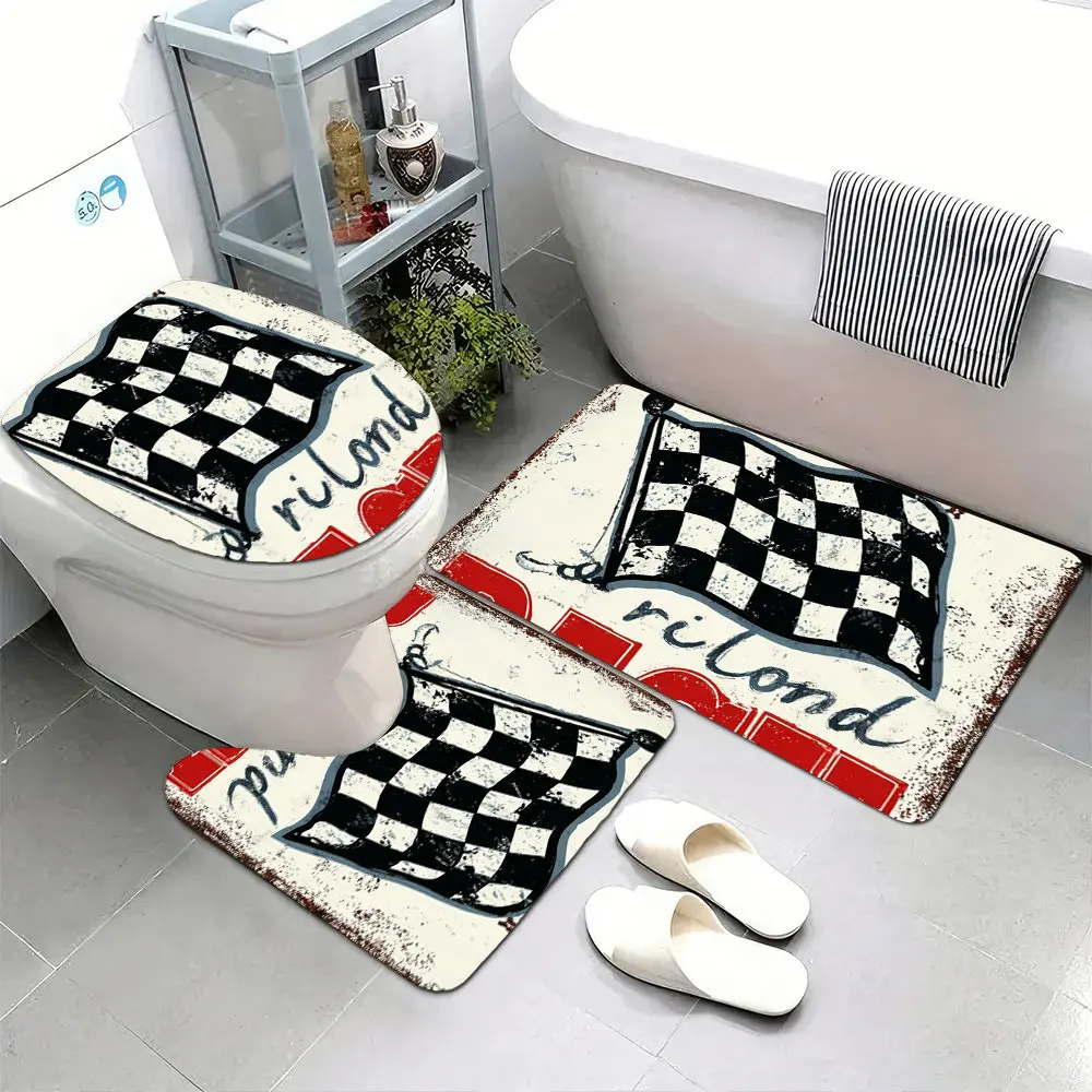 

3pcs Super Soft Bathroom Floor Mats Set, Non-slip Backing, Vintage Racing Race Track Metal Sign with Black And White Checke