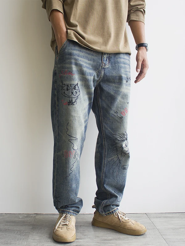 ขนาด 40 พิมพ์ Graffiti ฤดูใบไม้ร่วงผู้ชาย DENIM กางเกงยีนส์ Streetwear ตรงขนาดใหญ่หลวม Fit Stylish กางเกงอเนกประสงค์สําหรับฤดูใบไม้ผลิ