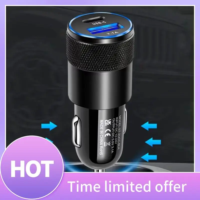 ABFN-3.1A 15W USB+PD Small Steel Cannon Car Charger Metal Alloy Car Charger TYPE-C Car Charger