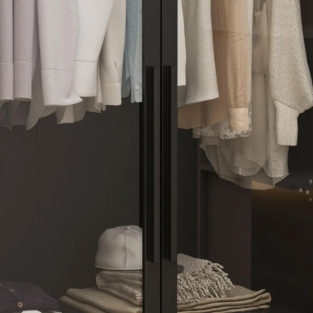 خزانة ملابس خشبية كبيرة مع أضواء LED، وخزانة خزانة بباب زجاجي، وقضيب تعليق وحل تخزين أرفف من 5 طبقات #6