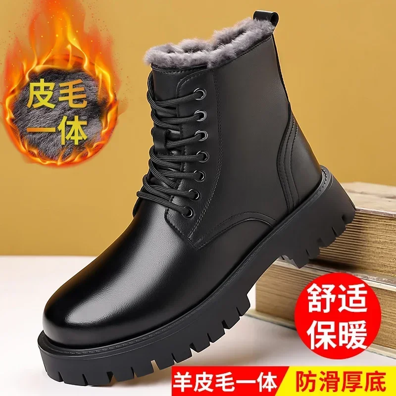 

Men's Leather Boots High-top Mens Motorcycle Boot Pure Wool Ankle Non-slip Snow Boots Warm Business Casual Leather Shoe for Men