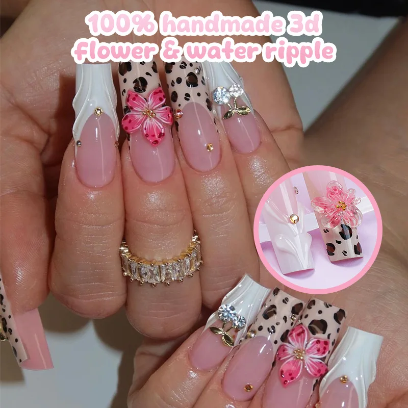 Uñas postizas rosas coreanas, 24 piezas, ataúd largo, estampado de leopardo, prensado en uñas, flores 3D, ondulación de agua, Desogns