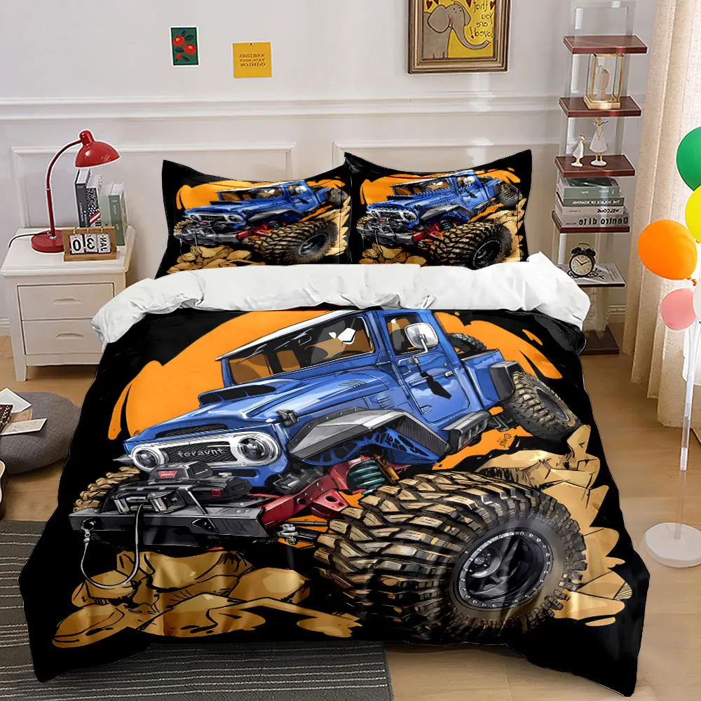 Blue modified off-road car climbing rocks Print Bedding Set 1 Duvet Cover 2 Pillowcases for Adult and Children Luxury Gift
