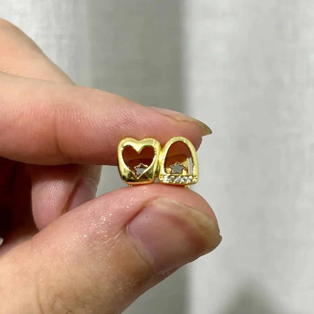 Hip-Hop Doppel-Hohlherz CZ-Stein Grillz Vintage Punk Zirkon Zahnkappen für Zahnspangen Schmuck Geschenk für Männer Frauen – Detail 10