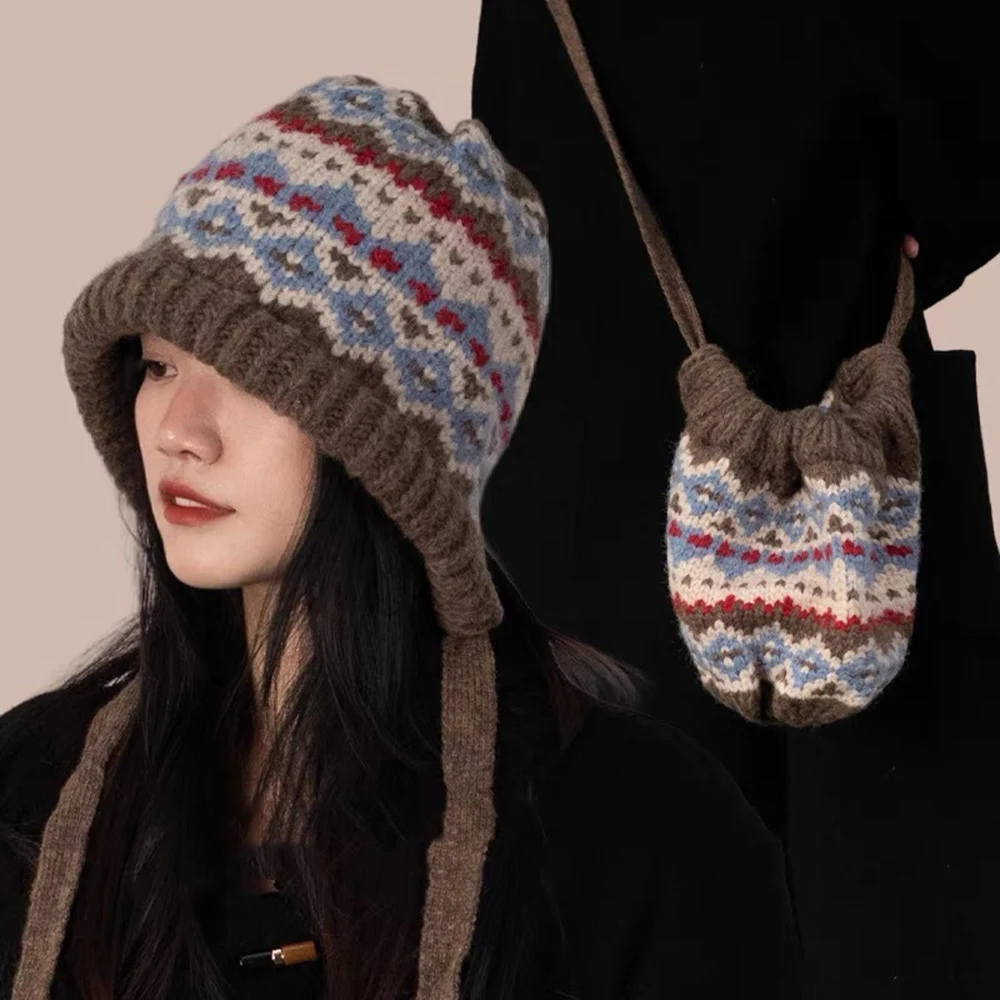 Women Ethnic Style Striped Spliced Knitted Woolen Hat for Autumn and Winter Thickened Warm and Cold Resistant Ear Protection