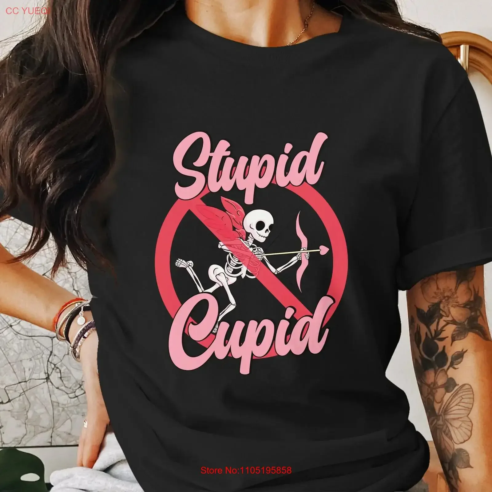 

Funny Anti Cupid Valentine's Day T shirt Stupid Skeleton Humorous Valentines for Loved One No Love vintage Washed fashion