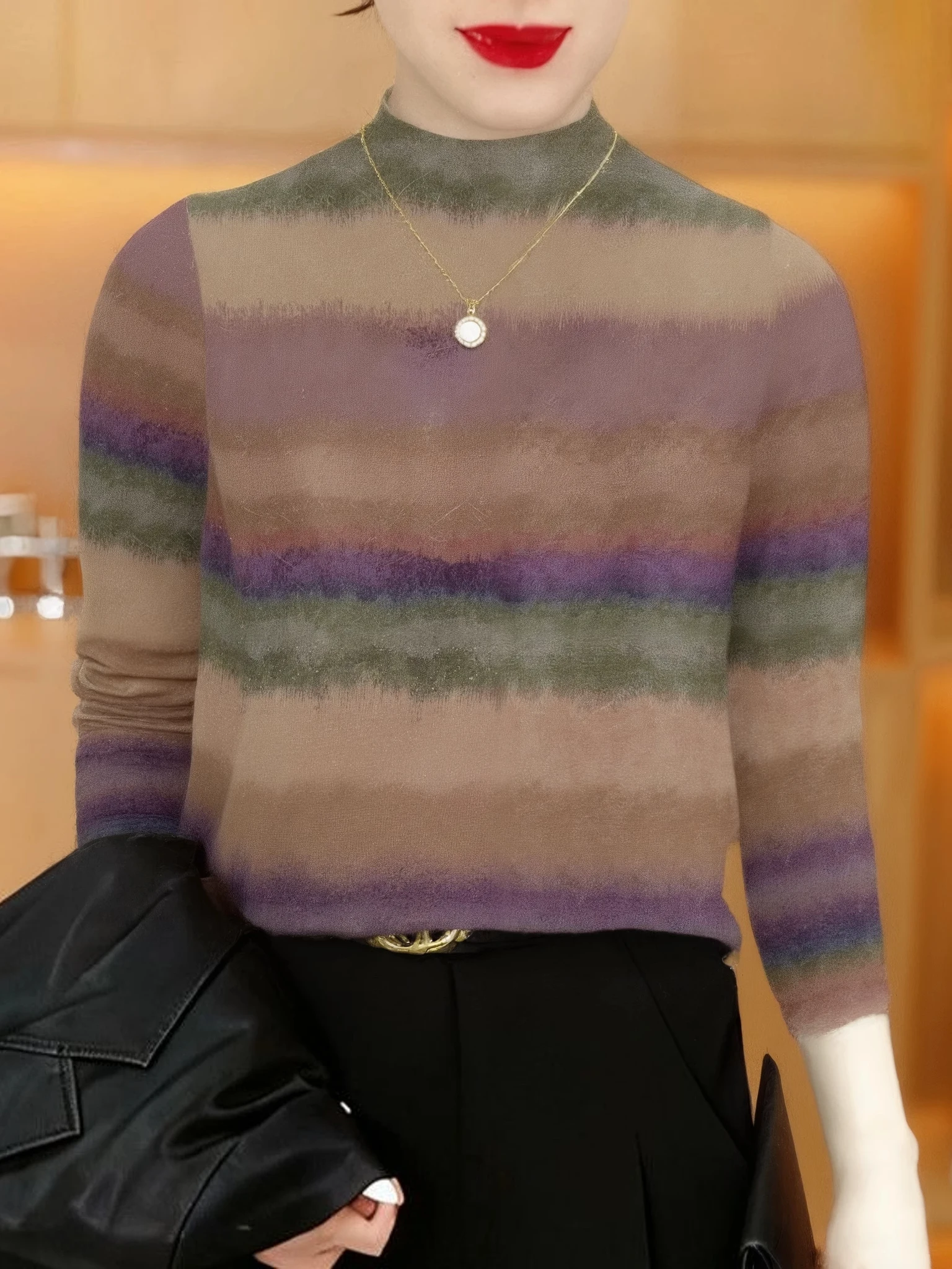 

Элегантный утепленный флисовый топ с длинными рукавами и высоким воротником в полоску для женщин среднего и пожилого возраста, теплый, стройнящий, с эффектом похудения.