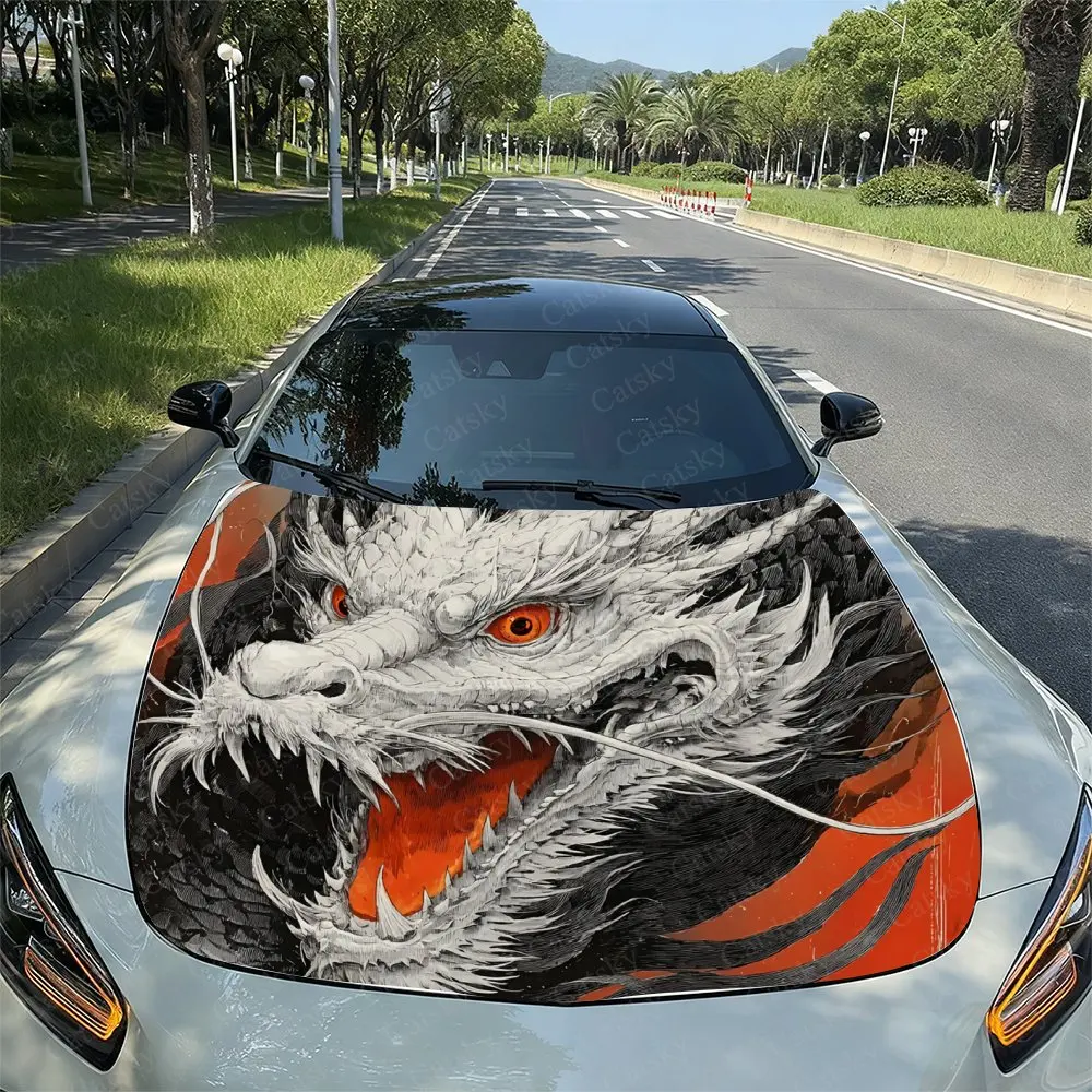 Black And White Dragon Car Hood Sticker, Easy To Install And Remove, Independence Day Car Decoration, Suitable For A-class Sedan