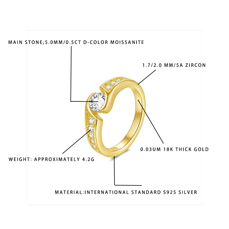 

Women's S925 Silver 18K Gold Plated 0.5CT D-Color Moissanite Ring 5MM Heart-Shaped 5A Zircon Fashion Jewelry Gift