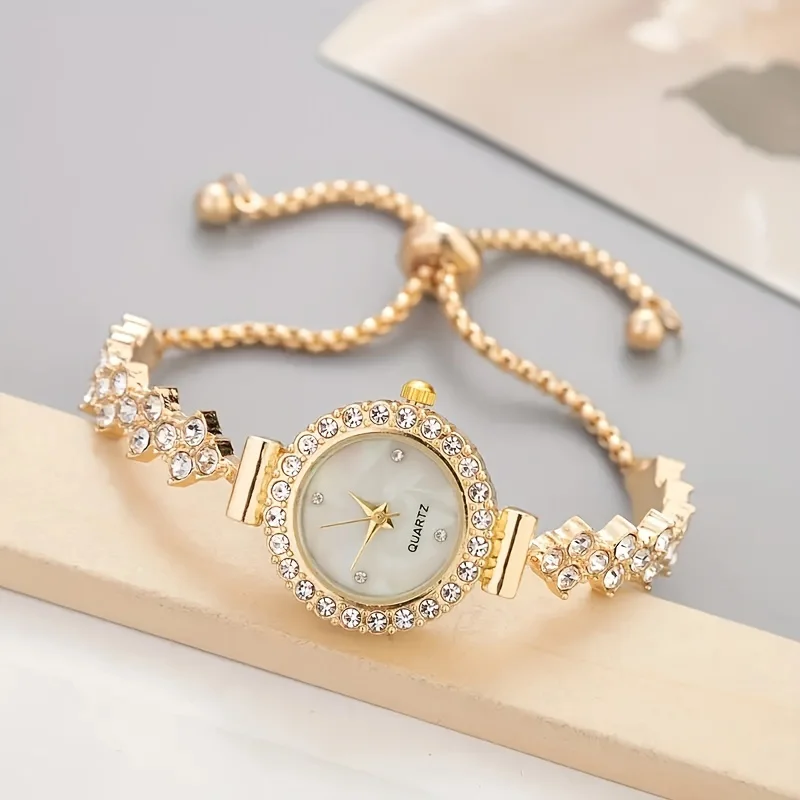 1 piece of elegant women's quartz watch, paired with luxurious rhinestone embellishment - gold simulated bracelet