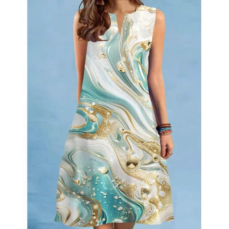 فستان نسائي جديد برقبة على شكل حرف v بدون أكمام بطباعة رقمية فنية قديمة كبيرة الحجم متأرجحة متوسطة الطول مع خصر فضفاض في الصيف Y2k 2026