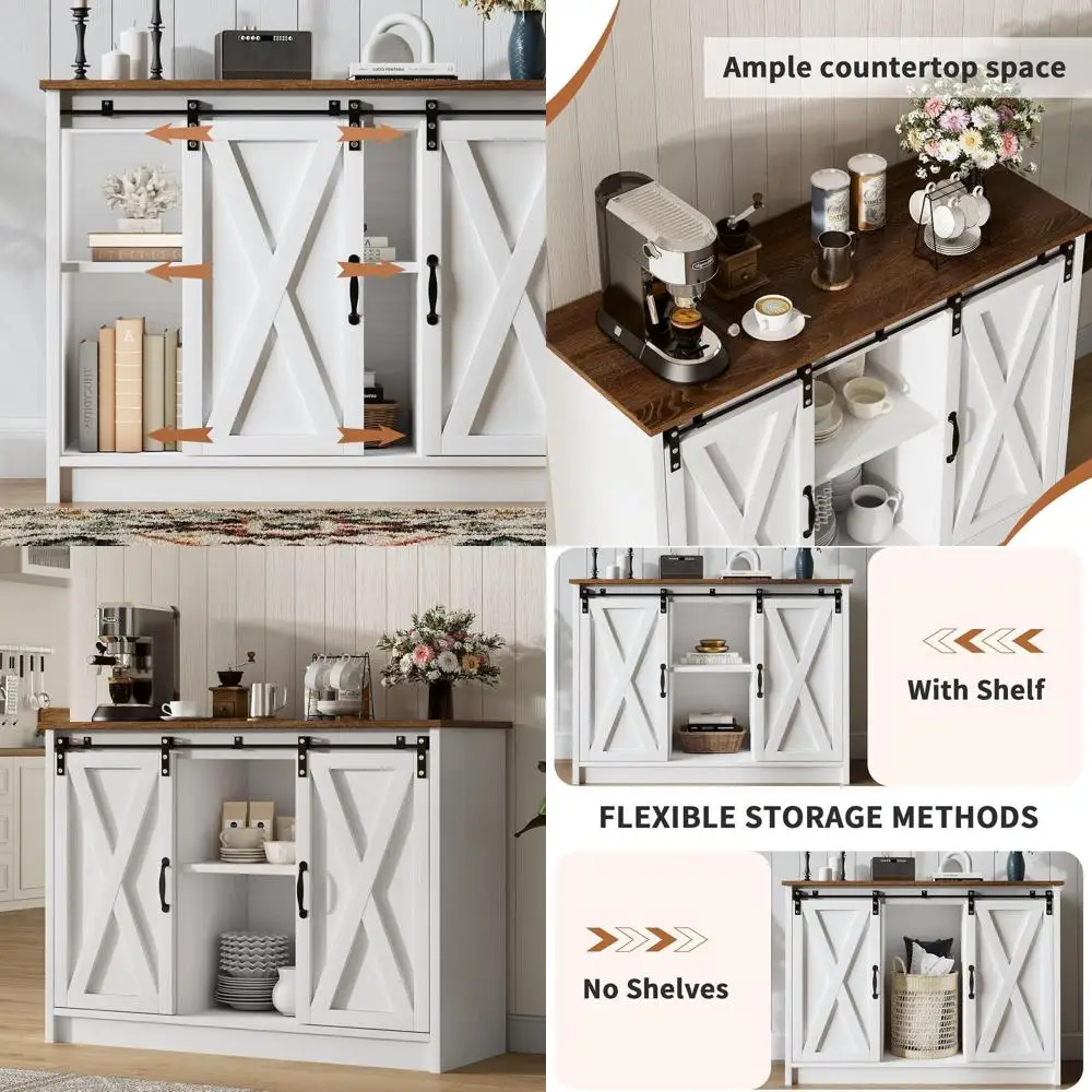 42 Sliding Door Bar Cabinet for Kitchen and Dining Area with Storage and Adjustable Shelves, White