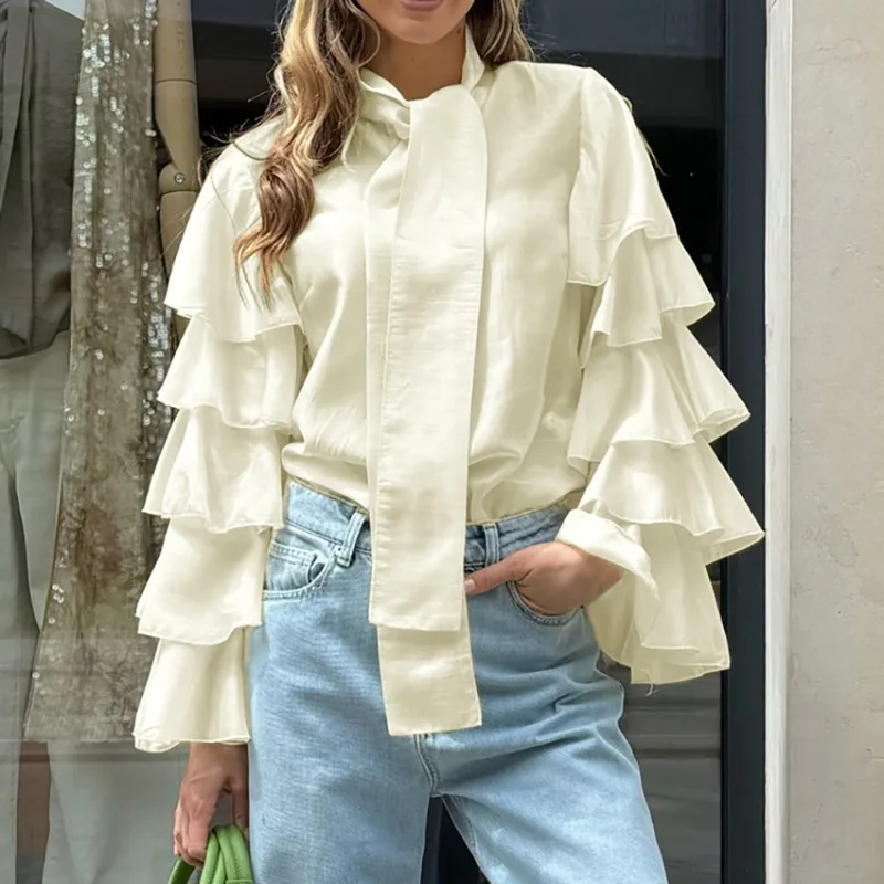 

Women'S Elegant Ruffles Shirt Lace Up Tirred Stand Collar Tie Long Sleeve Vintage Y2K Blouse Tops Office Lady Commuter Autumn
