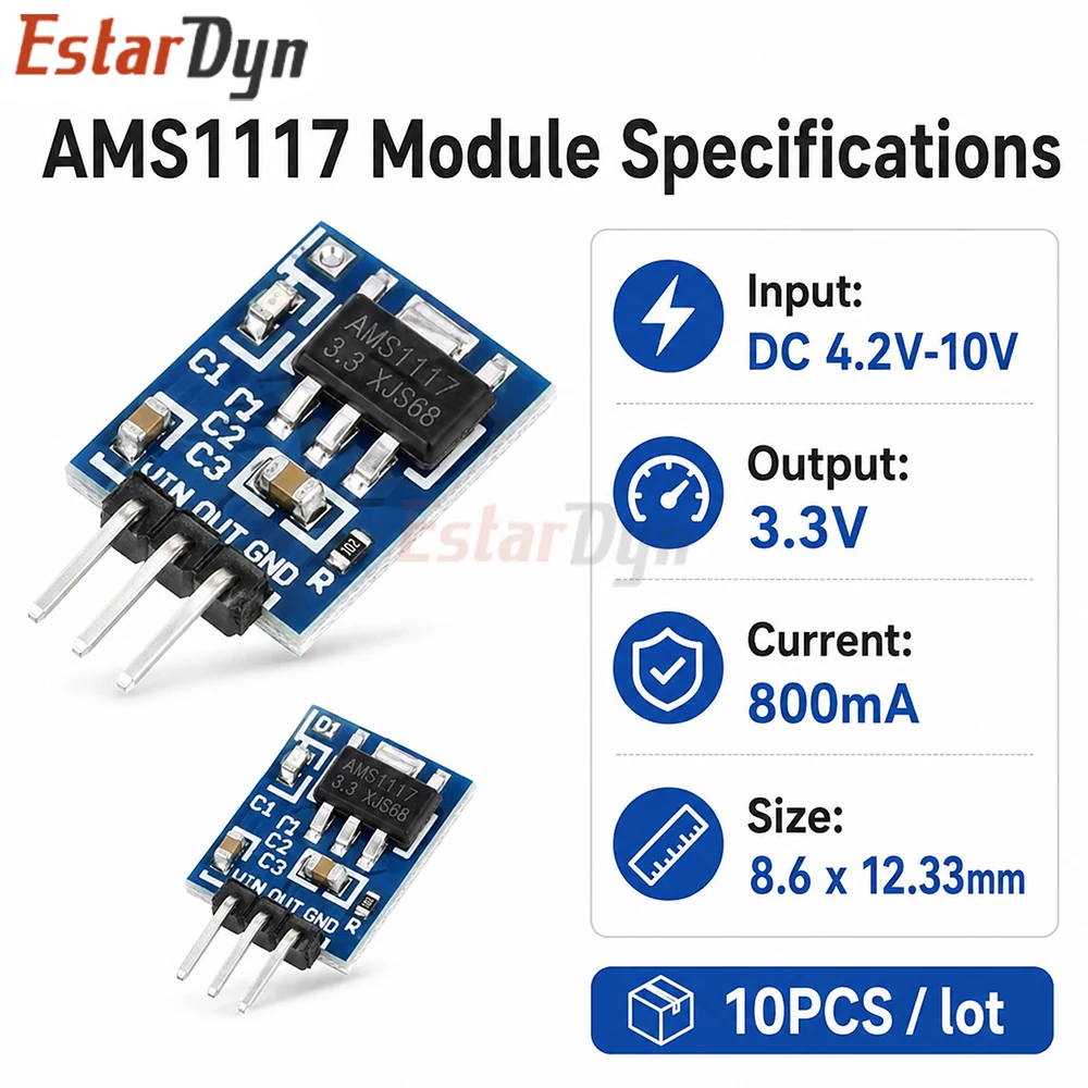 Estardyn 10pcs Mini DC 5V to 3.3V 800mA LDO Voltage Regulator Module AMS1117-3.3 Fixed Output for Breadboard DIY