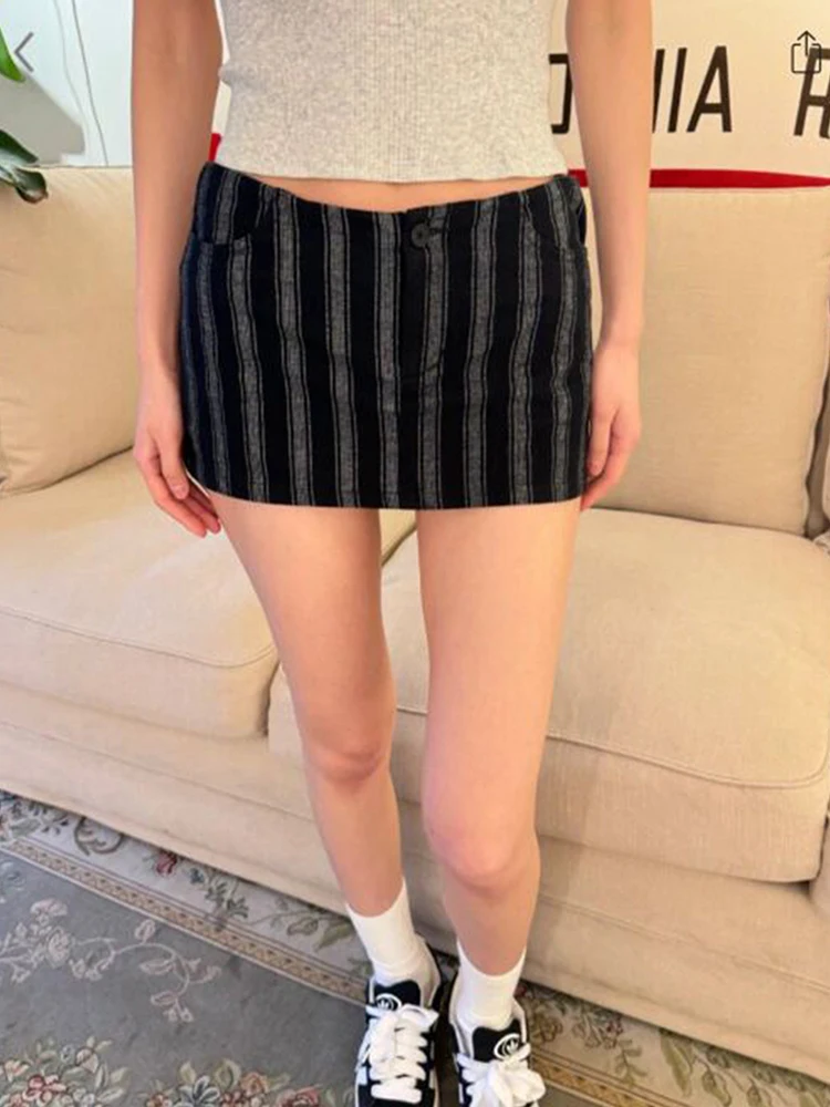 

Stripes Straight Mini Skirt Shorts Women Summer Sexy Low Rise Pockets Cotton Short Faldas Vintage Streetwear Sweet Skirts Y2k