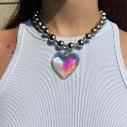 Egirl Aesthetic Rainbow Laser Heart Necklace Korean Fashion Punk Pendant Necklace for Women Hip Hop Accessories Goth Jewelry