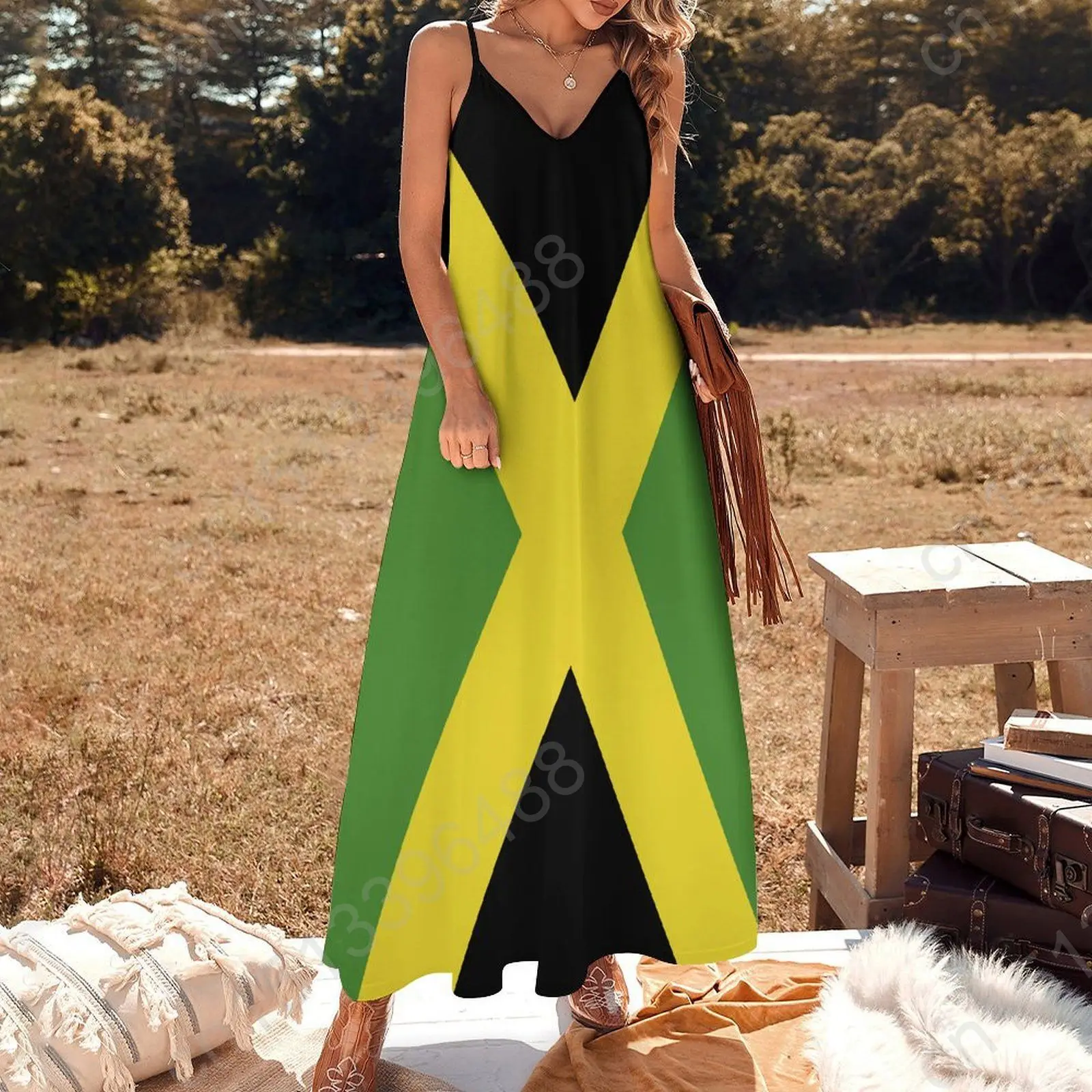 Jamaica Flag Print New Casual Sleeveless Long Dress Women\'s V-Neck Printed Dress Swing Retro Dresses