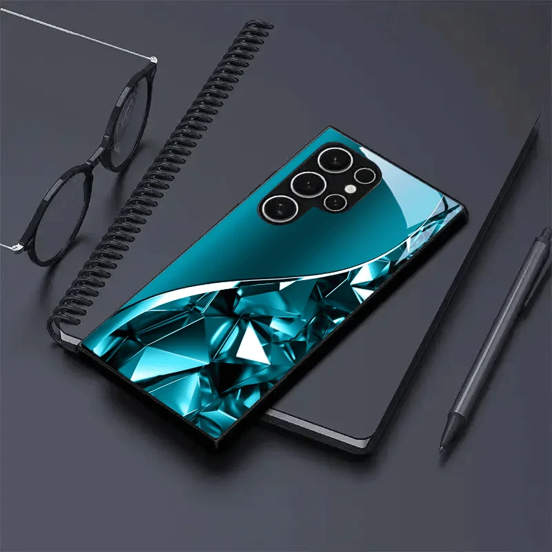 Blaue Kristall-Handyhülle mit geometrischem Muster aus Glas, geeignet für Samsung Galaxy S26 S25 S24 S23 S22 S21 S20 FE/Ultra/Plus, sturzsicher.