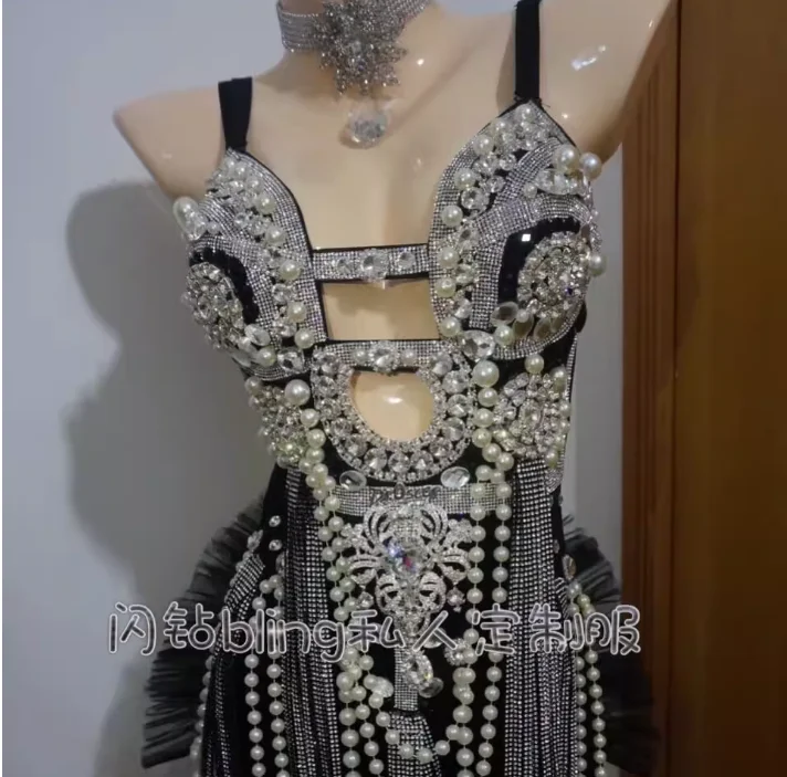 

Танцевальный костюм Bar DS с серебряной кисточкой и стразами и жемчугом, роскошный сексуальный цельный сценический наряд