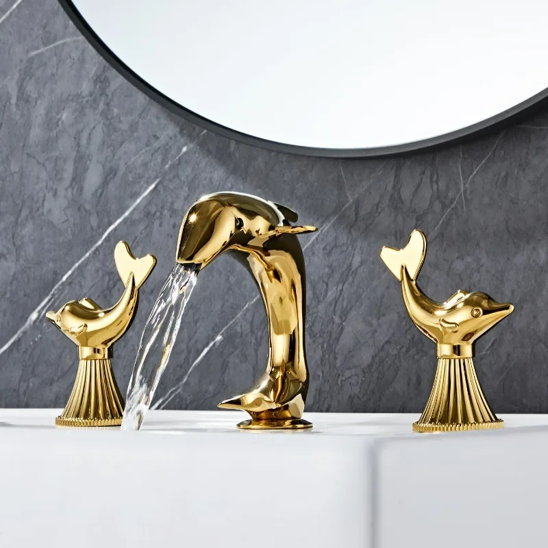 All-copper Gold Bathroom Faucet with 2 Dolphin Handlehot and Cold Double Handle Three-hole Faucet for Bathroom Sink or Bathtub