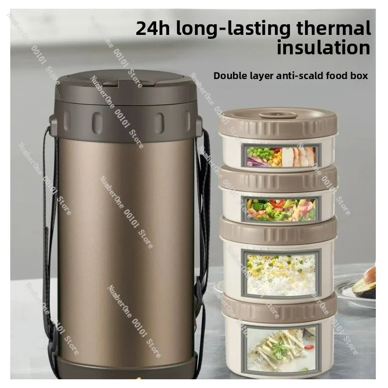 Stainless Steel Multi-Layer Insulated Lunch Box, 24-Hour Heat Retention for Office Workers