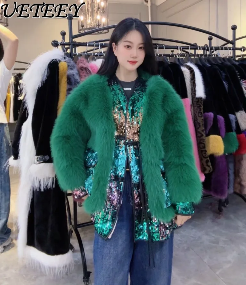 Winter New Shiny Heavy Craft Patchwork Faux Fur Coat Young Fashionable Elegant Versatile Long Sleeve Fur Jacket for Women