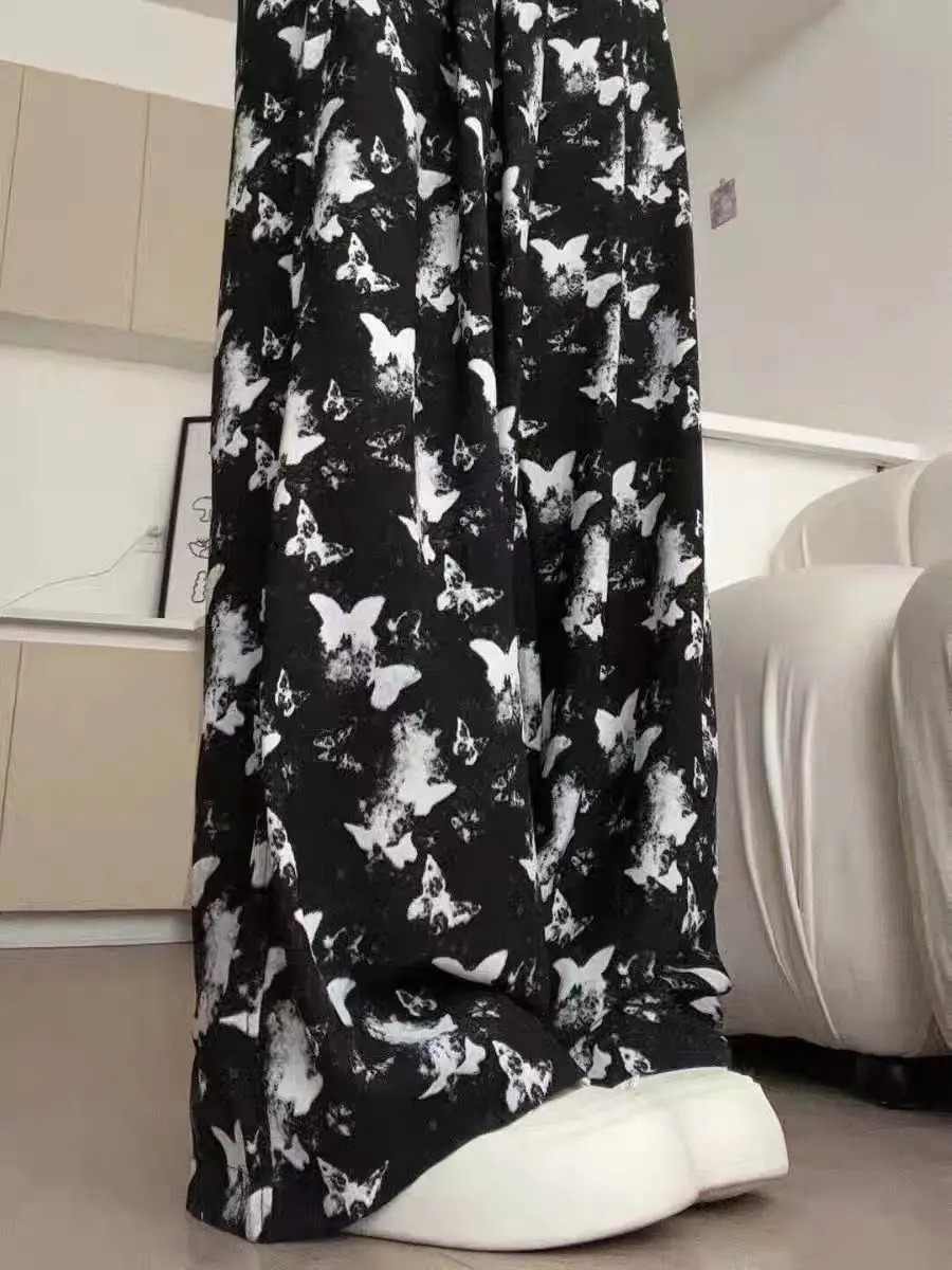 Ice silk 2025 thin cool hanging wide leg pants summer ink butterfly casual high waist loose pants women straight