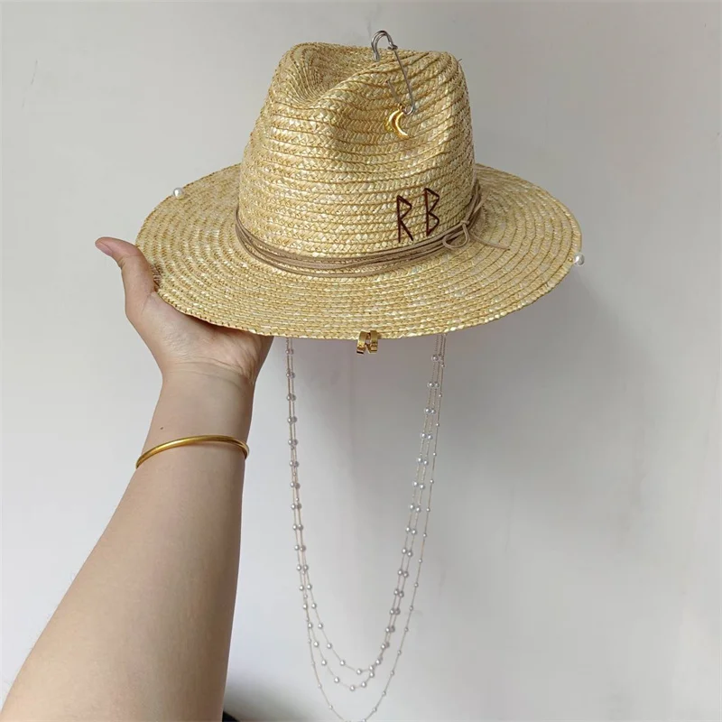 Sombrero de paja con cadena Punk para hombre y mujer, gorra de Jazz DIY, sombrero de sol con letras coreanas, sombrero de playa, Color caramelo