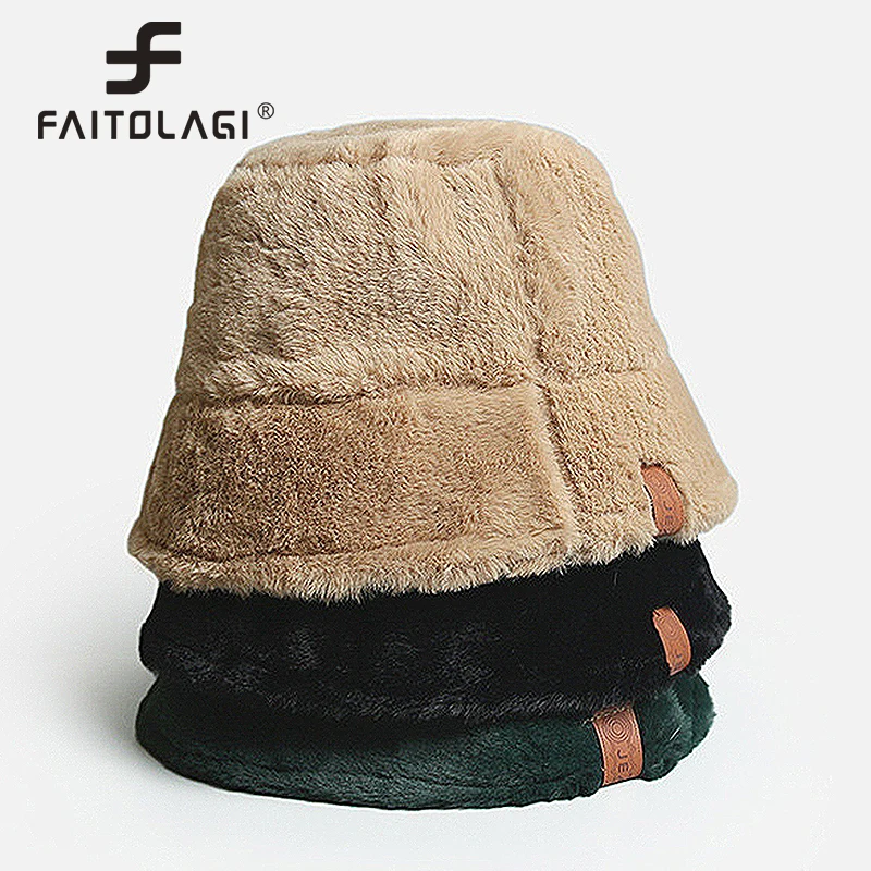 Soft Plush Women Bucket Hat Thick Woolen Fleece Fisherman Cap Solid Color Fur Panama Basin Caps Female Winter Warm Bonnet кепка