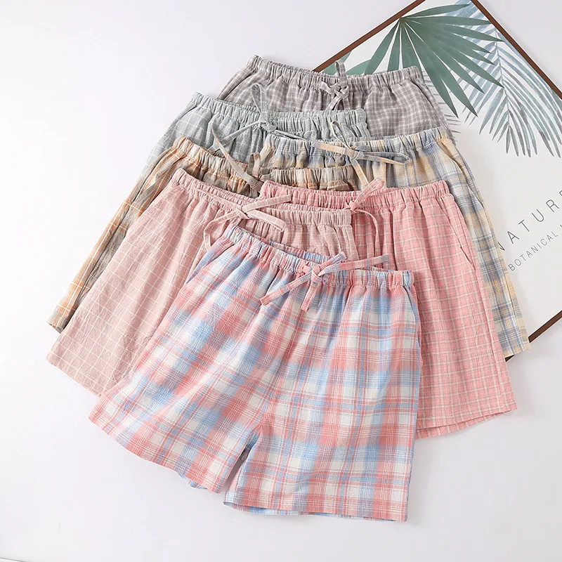 

Couple Pajama Pants Unprinted Plaid Washed Cotton Pure Cotton Summer Thin Loose Shorts Men's Large Size Outer Wear Home Pants